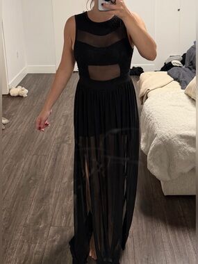 Black Sheer Panel Maxi Dress - Sleeveless Elegant Evening Wear